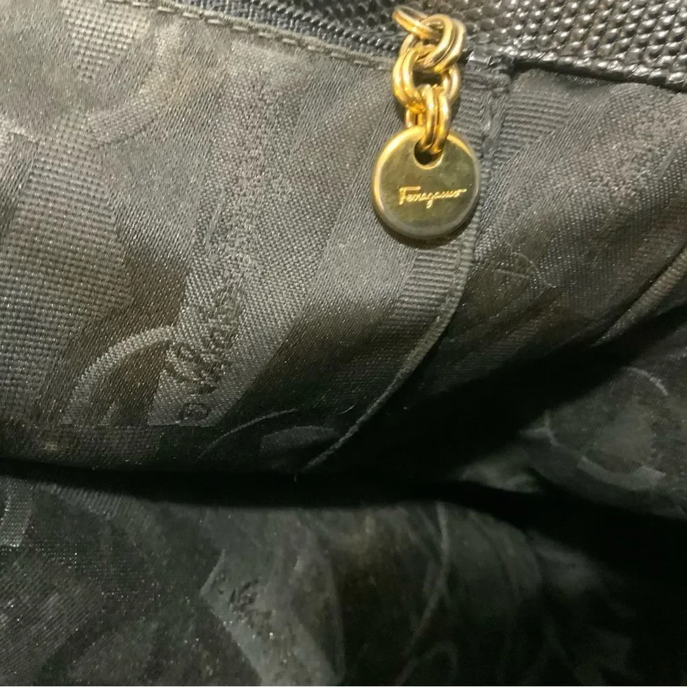 Vintage Salvatore Ferragamo Tote Bag Embossed Leather Black  Authentic